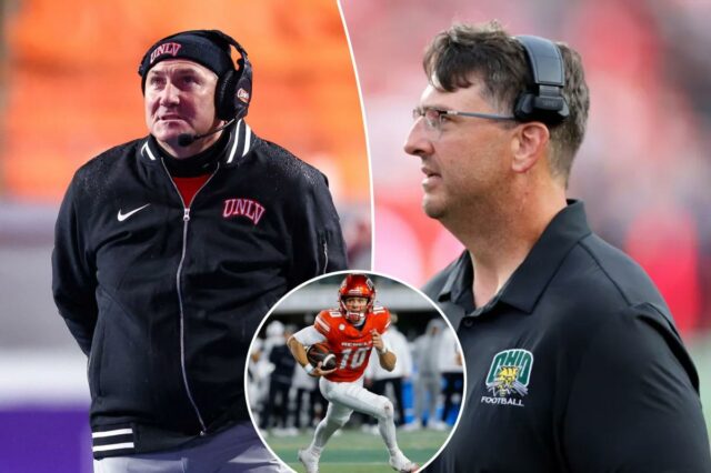 O quarterback do UNLV, Anthony Colandrea (10), corre para um touchdown.