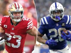 Previsão de 49ers x Colts: NFL Semana 16 ‘Monday Night Football’ probabilidades, escolha, melhores apostas Christian McCaffrey, nº 23 do San Francisco 49ers, comemora com seus companheiros de equipe após marcar um touchdown.