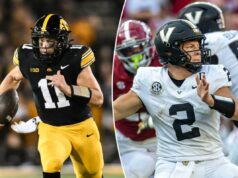 Previsão de Iowa x Vanderbilt, escolhas: probabilidades, melhor aposta para ReliaQuest Bowl O quarterback do Iowa Hawkeyes, Mark Gronowski (11), luta por jardas.