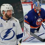 Nikita Kucherov, do Tampa Bay Lightning, patina durante o aquecimento.