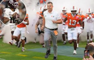 Previsão de Miami x Texas A&M: probabilidades, escolhas, melhor aposta para o confronto do College Football Playoff no sábado O técnico do Miami, Mario Cristobal, conduz os jogadores para o campo antes do jogo contra o Syracuse.