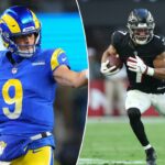 O wide receiver do Los Angeles Rams, Puka Nacua (12), se aquece antes do jogo contra o Seattle Seahawks.