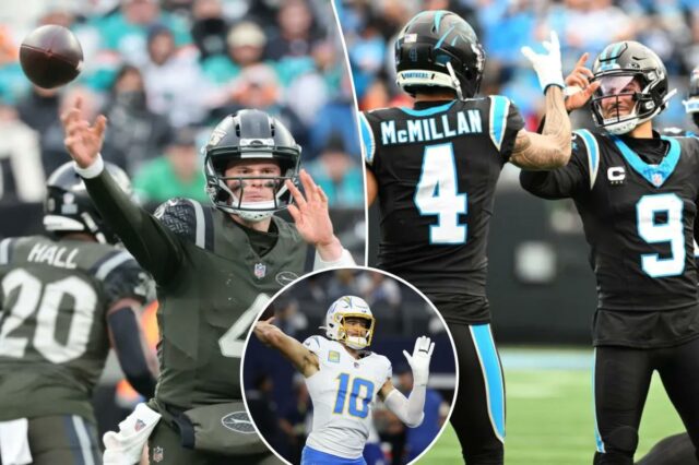 O quarterback do New York Jets, Brady Cook #4, lança um passe durante o terceiro quarto.