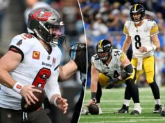 Previsões de Steelers x Browns, Buccaneers x Dolphins: escolhas da semana 17 da NFL, probabilidades O linebacker do Carolina Panthers, Christian Rozeboom (56), demite o quarterback do Tampa Bay Buccaneers, Baker Mayfield (6).