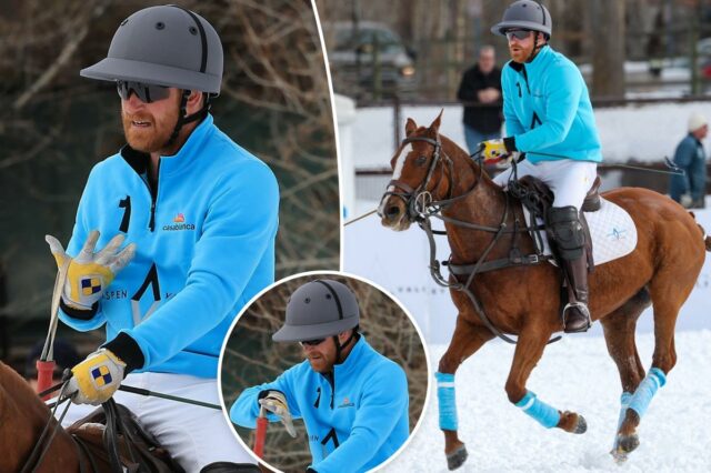 Príncipe Harry machuca a mão no Snow Polo em Aspen
