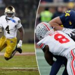 O running back do Michigan Wolverines, Bryson Kuzdzal (24), é abordado pelo linebacker do Ohio State Buckeyes, Arvell Reese (8).