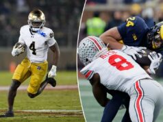 Probabilidades e escolhas do Draft da NFL para 2026: quais arremessos de longa distância poderiam chegar ao primeiro lugar no geral? O running back do Michigan Wolverines, Bryson Kuzdzal (24), é abordado pelo linebacker do Ohio State Buckeyes, Arvell Reese (8).