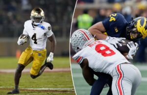 Probabilidades e escolhas do Draft da NFL para 2026: quais arremessos de longa distância poderiam chegar ao primeiro lugar no geral? O running back do Michigan Wolverines, Bryson Kuzdzal (24), é abordado pelo linebacker do Ohio State Buckeyes, Arvell Reese (8).