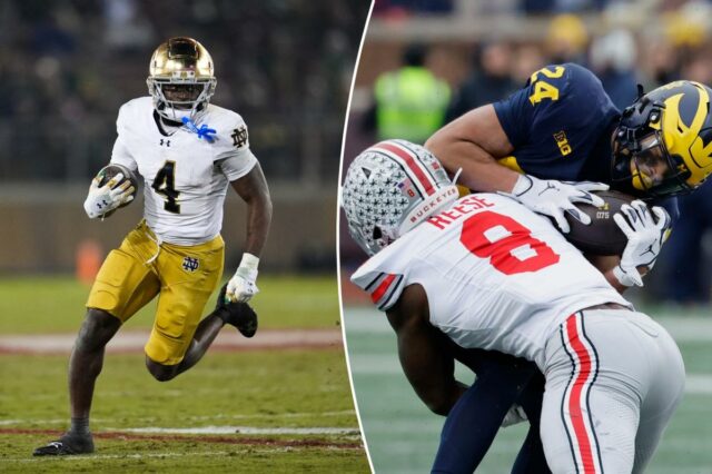 O running back do Michigan Wolverines, Bryson Kuzdzal (24), é abordado pelo linebacker do Ohio State Buckeyes, Arvell Reese (8).