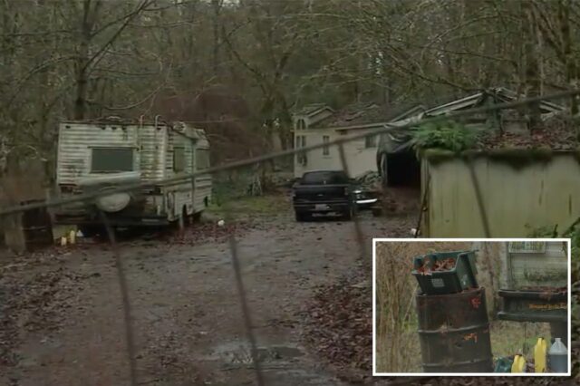 Um barril e uma lata de lixo cheia de folhas em uma propriedade em Washington.