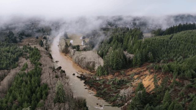 'Pura devastação' do deslizamento de terra da OR 229 desloca Um deslizamento de terra ocorreu perto do rio Siletz, destruindo uma seção da OR 229 e impactando casas próximas.