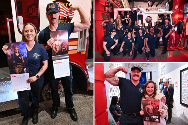 Quente! Quente! Quente! As estrelas dos novos calendários do FDNY são só sorrisos - e músculos - no encontro e saudação dos fãs
