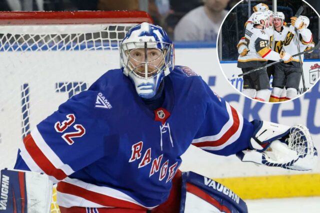 Rangers perdem liderança no final do OT para Golden Knights, O goleiro do New York Rangers, Jonathan Quick, defendendo a rede.