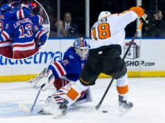 Rangers se reúnem para uma vitória emocionante nos pênaltis sobre os Flyers, enquanto JT Miller sai lesionado O goleiro do New York Rangers, Igor Shesterkin, defende a rede contra o pivô do Philadelphia Flyers, Rodrigo Abols.