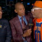 Mike Tirico, Reggie Miller e Spike Lee na transmissão da NBC na noite de terça-feira.