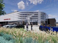 Revendedor Porsche pode substituir o bar esportivo Walnut Creek Concessionária automotiva Porsche em 2721 North Main Street em Walnut Creek, conceito de imagem.(Gensler)