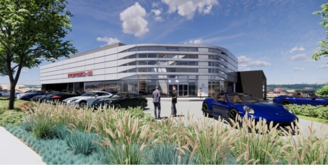 Revendedor Porsche pode substituir o bar esportivo Walnut Creek Concessionária automotiva Porsche em 2721 North Main Street em Walnut Creek, conceito de imagem.(Gensler)