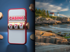 SGLA recua enquanto projeto de lei do Maine busca proibição total de sorteios online Uma imagem dividida mostrando um gráfico digital de caça-níqueis com a palavra 'Casino' e uma combinação vencedora de 777 à esquerda, e uma vista panorâmica da costa do Maine à direita com costas rochosas, ondas do mar, árvores perenes e um farol sob um céu parcialmente nublado. SGLA recua enquanto projeto de lei do Maine busca proibição total de sorteios online