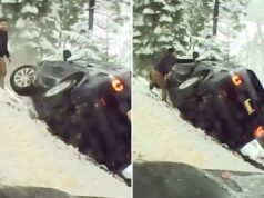 SUV desce de um penhasco em Lake Tahoe enquanto transeuntes lutam para salvar quem está lá dentro Um SUV balançando em um penhasco coberto de neve enquanto uma pessoa tenta ajudar.