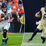 O quarterback do Jacksonville Jaguars, Trevor Lawrence, corre para um touchdown contra o Denver Broncos.