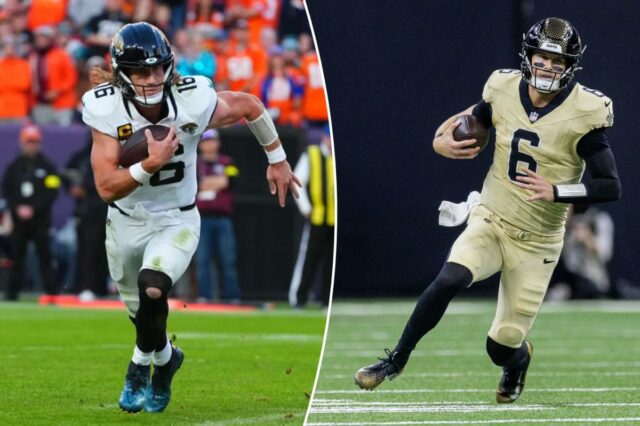 O quarterback do Jacksonville Jaguars, Trevor Lawrence, corre para um touchdown contra o Denver Broncos.