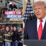Foto do presidente Trump com bombeiros e um caminhão de bombeiros, com