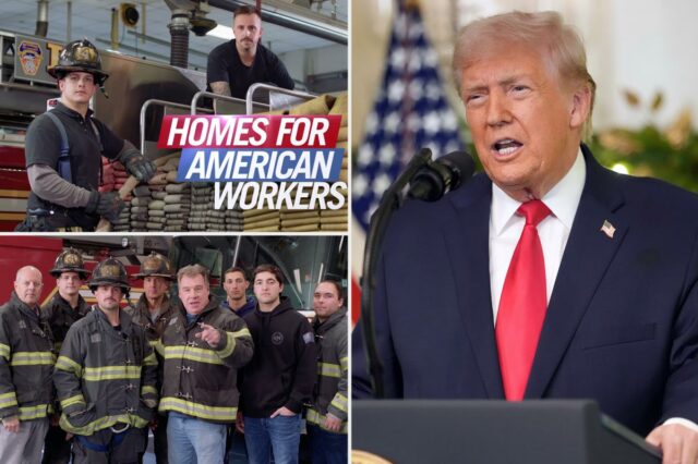 Foto do presidente Trump com bombeiros e um caminhão de bombeiros, com 