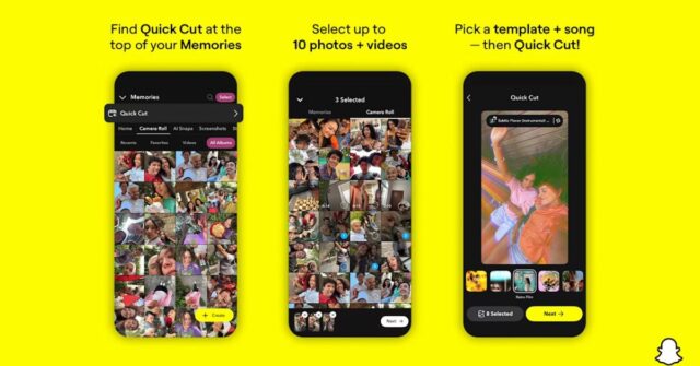 Snapchat Quick Cut cria automaticamente vídeos sincronizados com música em segundos | Capturas de tela mostradas