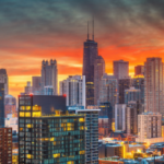 A Sports Betting Alliance processa Chicago por causa do novo plano tributário e de licenciamento. Horizonte de Chicago ao pôr do sol com arranha-céus iluminados, incluindo o John Hancock Center, brilhando contra um céu laranja e azul.