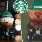 Uma xícara fria Starbucks Bearista cheia de uma bebida de café frio em camadas.