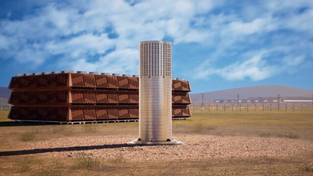 Startup nuclear Last Energy arrecada US$ 100 milhões para seu A rendering shows Last Energy's reactor standing in a field before an industrial plant.