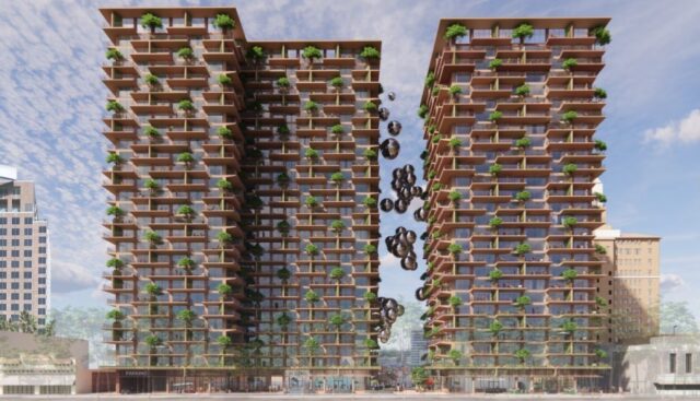 Área Plaza de duas torres habitacionais com um total de 768 unidades residenciais, localizada na área de Fountain Alley na 35 South Second Street no centro de San Jose, conceito de imagem.(Bjarke Ingels Group)