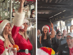 Tamra Judge e Vicki Gunvalson usam roupas de Papai Noel combinando no TMZ Brunch Tour 121625_tmz_brunch_tour_kal