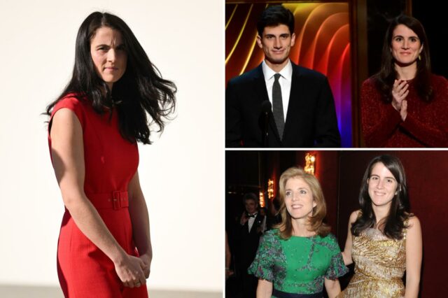 Tatiana Schlossberg em um vestido vermelho com longos cabelos escuros, esperando para cumprimentar o Príncipe William.