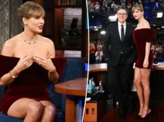 Taylor Swift visita ‘The Late Show With Stephen Colbert’ em minivestido de veludo marrom Taylor Swift visita 'The Late Show With Stephen Colbert' em minivestido de veludo marrom