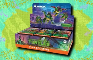 The Magic: The Gathering Teenage Mutant Ninja Turtles Play Booster Box agora está abaixo do valor de mercado na Amazon Principais cartões MTG de Teenage Mutant Ninja Turtles em um fundo verde estampado