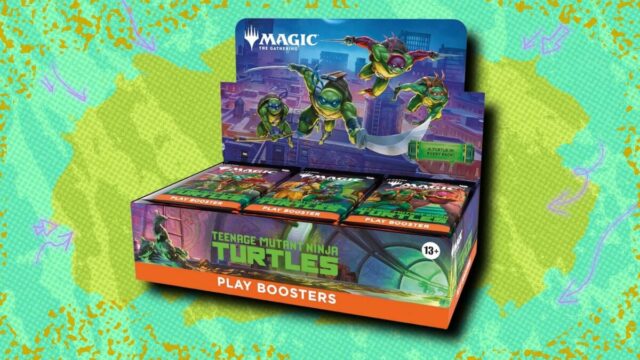 The Magic: The Gathering Teenage Mutant Ninja Turtles Play Booster Principais cartões MTG de Teenage Mutant Ninja Turtles em um fundo verde estampado