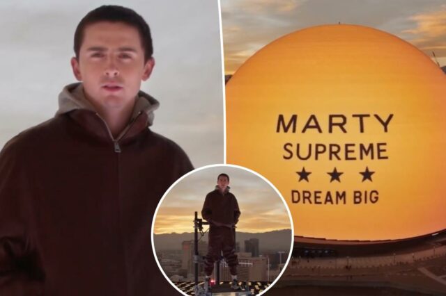 Timothée Chalamet aparece no topo do Las Vegas Sphere para promover ‘Marty Supreme’
