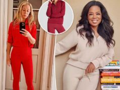 Todos, de Oprah a Gwyneth Paltrow, usam este meio-zip ‘fantástico’ – e tem quase 40% de desconto Mulher vestindo um moletom vermelho com zíper e leggings combinando.