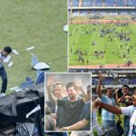 Torcedores de futebol furiosos destroem estádio e campo de tempestade após a breve aparição de Lionel Messi em cena caótica