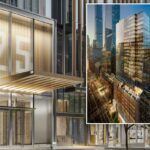 Ilustração do edifício W. 57th St. ao entardecer, cercado por outros edifícios, uma rua movimentada e um parque ao fundo.