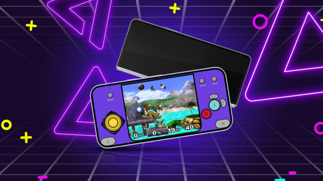 Mascote do Android segurando um controlador de jogo saindo da tela de um smartphone e ícones de jogos coloridos flutuando.