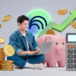 Um jovem usando um laptop e fones de ouvido, sentado entre os logotipos flutuantes do YouTube e do NotebookLM.