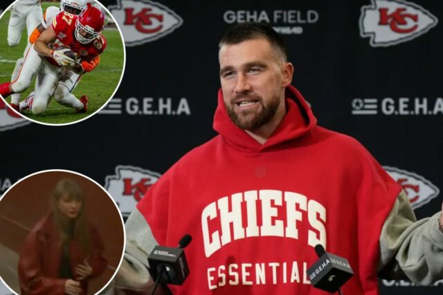 O tight end do Kansas City Chiefs, Travis Kelce, fala aos repórteres após um jogo de futebol americano da NFL contra o Denver Broncos na quinta-feira, 25 de dezembro de 2025, em Kansas City. 