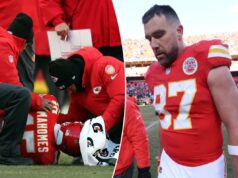 Travis Kelce, futuro de Patrick Mahomes junto com Chiefs em dúvida após a lesão brutal do QB no ACL Travis Kelce, vestindo uma camisa vermelha do Kansas City Chiefs com o número 87, sai do campo após perder um jogo.