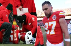 Travis Kelce, futuro de Patrick Mahomes junto com Chiefs em dúvida após a lesão brutal do QB no ACL Travis Kelce, vestindo uma camisa vermelha do Kansas City Chiefs com o número 87, sai do campo após perder um jogo.