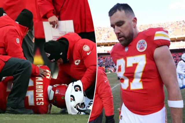 Travis Kelce, futuro de Patrick Mahomes junto com Chiefs em Travis Kelce, vestindo uma camisa vermelha do Kansas City Chiefs com o número 87, sai do campo após perder um jogo.