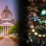 Uma imagem dividida mostrando o edifício do Capitólio do Estado de Washington ao pôr do sol à esquerda, com um caminho iluminado e árvores ao redor, e uma vista de perto dos controles coloridos e iluminados das máquinas de jogos eletrônicos à direita, representando temas governamentais e de jogos de cassino. Tribos Indianas chegam a um acordo provisório com a Comissão de Jogos de Washington sobre novas propostas de jogos eletrônicos