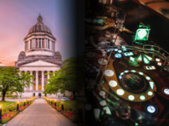 Tribos Indianas chegam a um acordo provisório com a Comissão de Jogos de Washington sobre novas propostas de jogos eletrônicos Uma imagem dividida mostrando o edifício do Capitólio do Estado de Washington ao pôr do sol à esquerda, com um caminho iluminado e árvores ao redor, e uma vista de perto dos controles coloridos e iluminados das máquinas de jogos eletrônicos à direita, representando temas governamentais e de jogos de cassino. Tribos Indianas chegam a um acordo provisório com a Comissão de Jogos de Washington sobre novas propostas de jogos eletrônicos