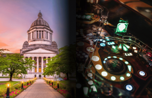 A Comissão de Jogos do Estado de Washington e a Tribo da Ilha Squaxin chegam a um pacto provisório de jogos Uma imagem dividida mostrando o edifício do Capitólio do Estado de Washington ao pôr do sol à esquerda, com um caminho iluminado e árvores ao redor, e uma vista de perto dos controles coloridos e iluminados das máquinas de jogos eletrônicos à direita, representando temas governamentais e de jogos de cassino. Tribos Indianas chegam a um acordo provisório com a Comissão de Jogos de Washington sobre novas propostas de jogos eletrônicos